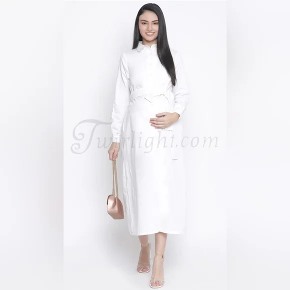 Bianca: Long White Cotton Maternity Dress - Picture 1 of 4